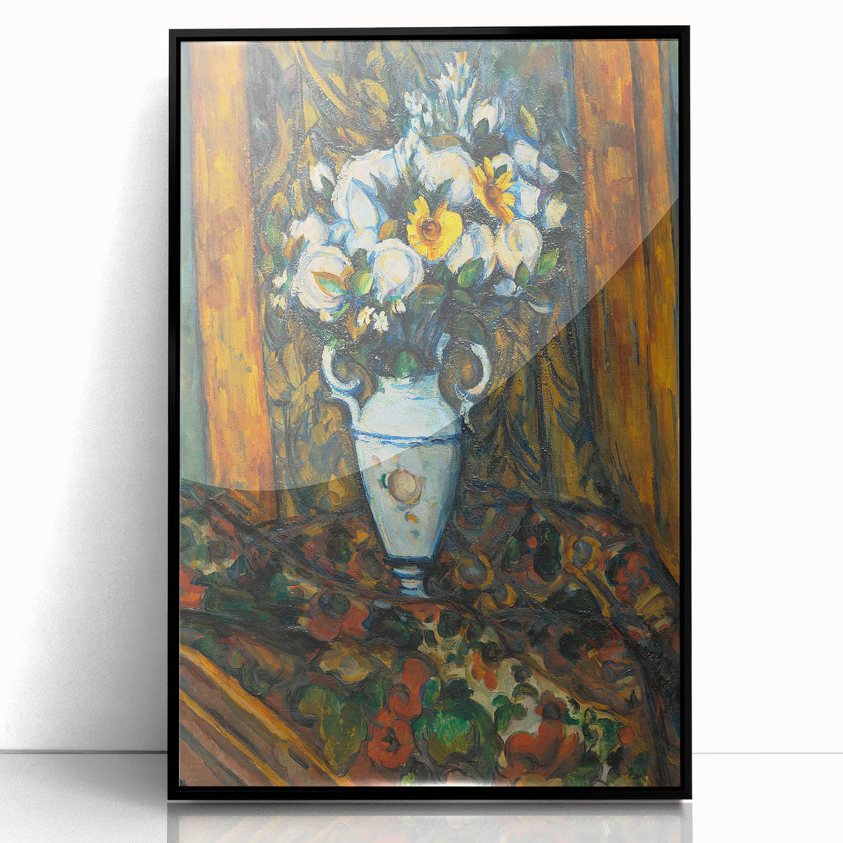 Large abstract wall art by Paul Cezanne featuring mid-century modernist tones on a black framed acrylic print.