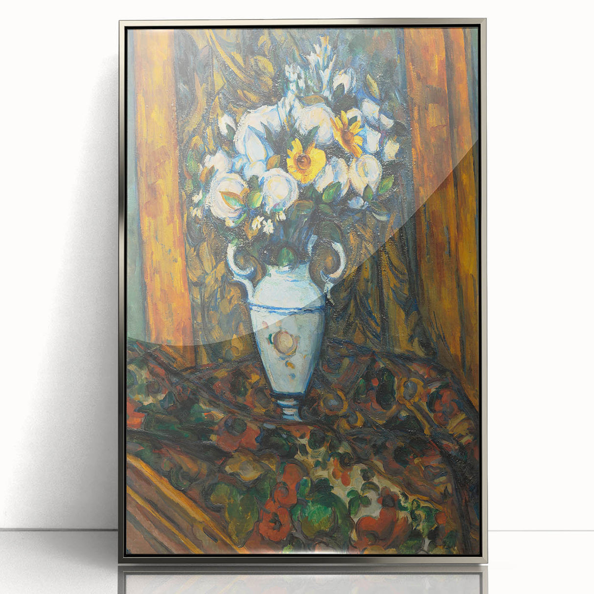 Mid-century modernist art by Paul Cezanne, featuring a landscape in muted earth tones, framed in silver acrylic.