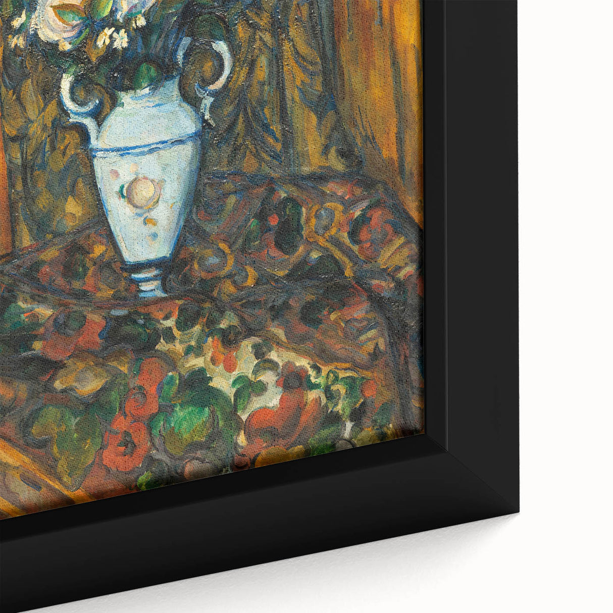 Close-up of a black framed canvas featuring a textured, colorful abstract painting.