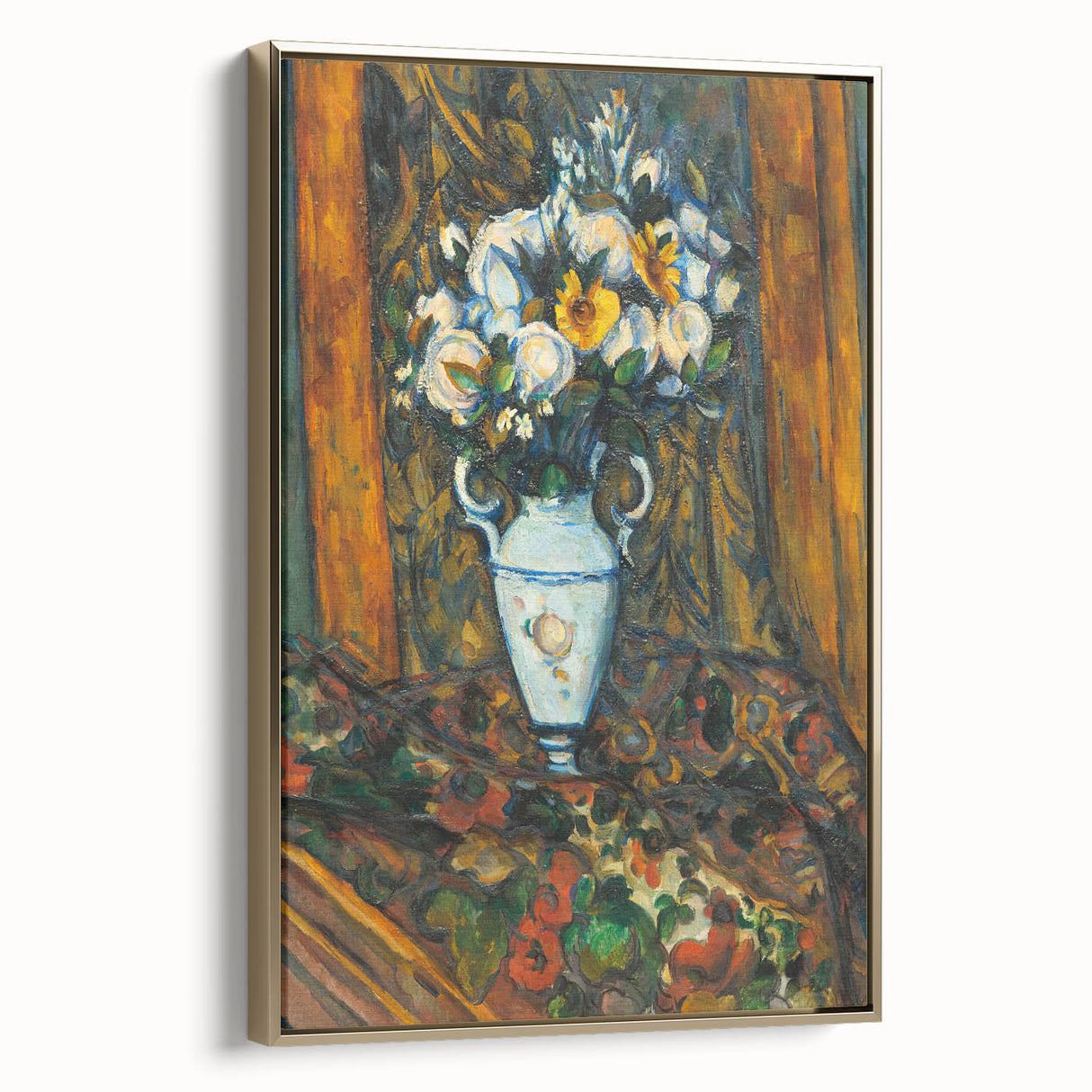 Framed canvas depicting Paul Cézanne's landscape painting in muted earth tones, ideal for bedroom wall art.