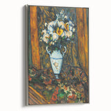 Landscape art painting by Paul Cezanne depicting rolling hills and trees in muted greens and blues on a framed canvas.