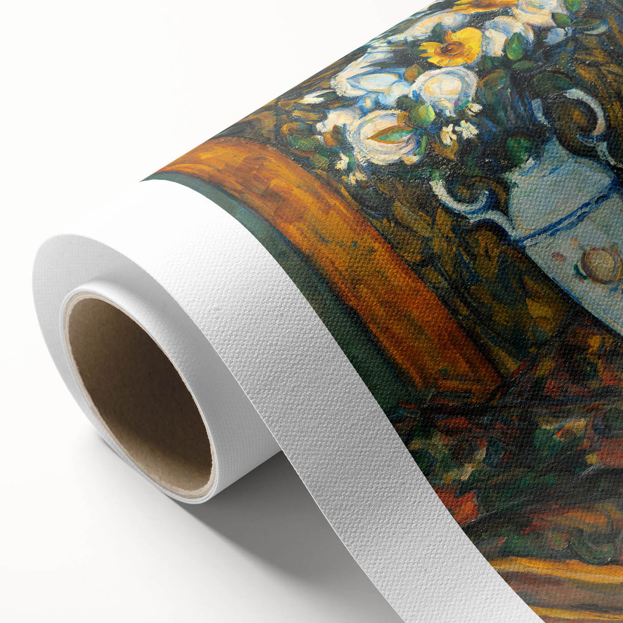 Art deco poster of Paul Cézanne's landscape in muted greens and blues on rolled canvas, suitable for nursery wall art.
