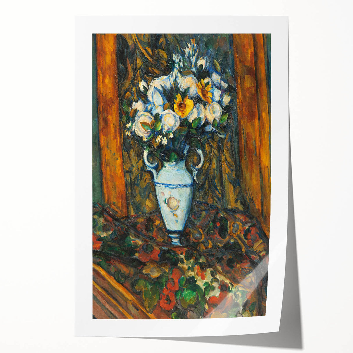 Paul Cézanne floral art on a rolled canvas, featuring muted earth tones, ideal for dining room or bathroom decor.