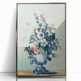 Mid-century modernist art featuring Paul Cézanne's landscape in muted green and blue tones, silver-framed acrylic.