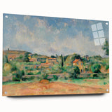 Acrylic print of a Paul Cézanne-inspired abstract landscape in muted earth tones, ideal for dining room decor.
