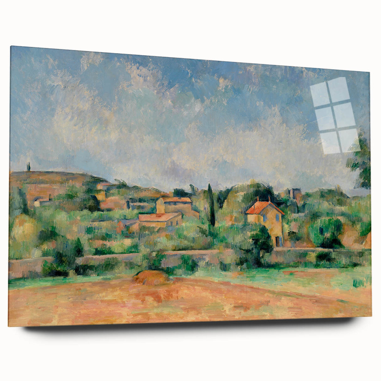 Large abstract wall art by Paul Cezanne in muted earth tones on acrylic glass, ideal for bedroom or dining room decor.