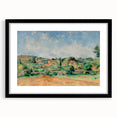 Extra large abstract art print of a colorful, textured scene by Paul Cezanne on a black framed canvas.