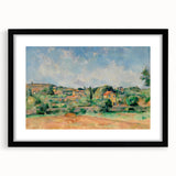 Extra large abstract art print of a colorful, textured scene by Paul Cezanne on a black framed canvas.