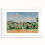 Abstract art print of a Paul Cézanne design with muted earth tones, framed in white, ideal for dining room decor.
