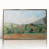 Acrylic print of Paul Cézanne's landscape in muted earth tones, framed in gold, suitable for modern art wall decor.