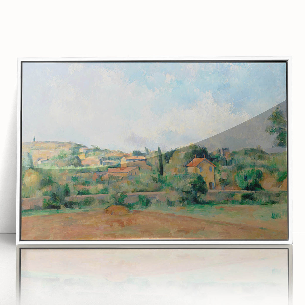 Acrylic print of Paul Cézanne's modern art, featuring a colorful fruit still life, framed in white.