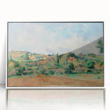 Acrylic print of Paul Cézanne's modern art, featuring a colorful fruit still life, framed in white.