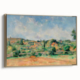 Framed canvas featuring a landscape painting by Paul Cézanne with muted earth tones, ideal for bedroom wall art.