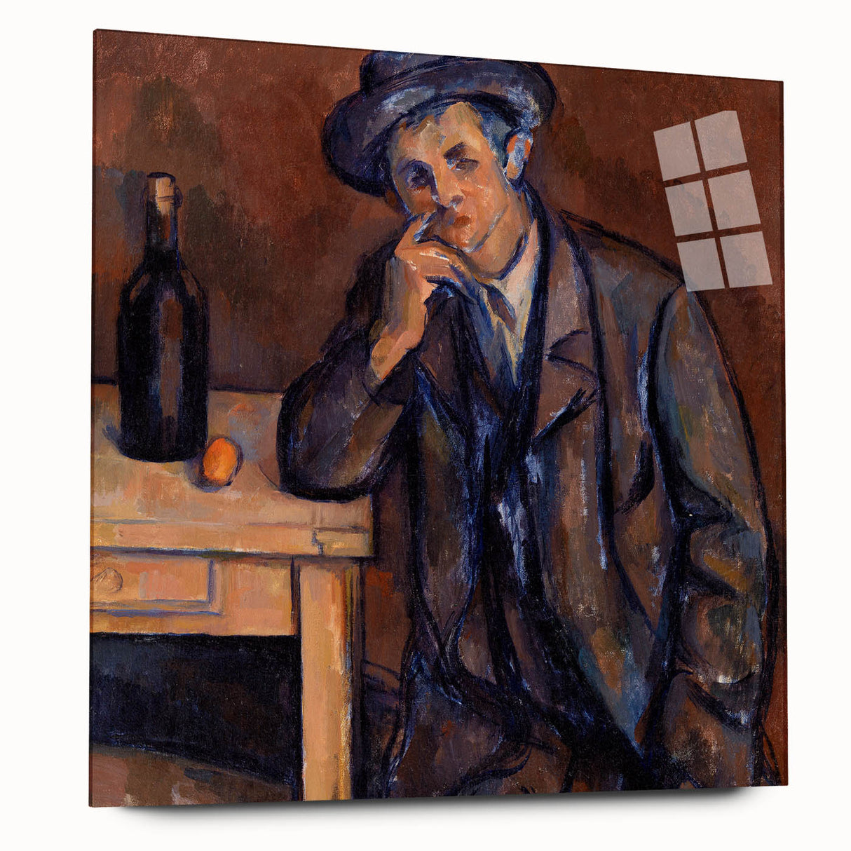 Side view of a large abstract wall art by Paul Cézanne, featuring muted earth tones on acrylic glass.