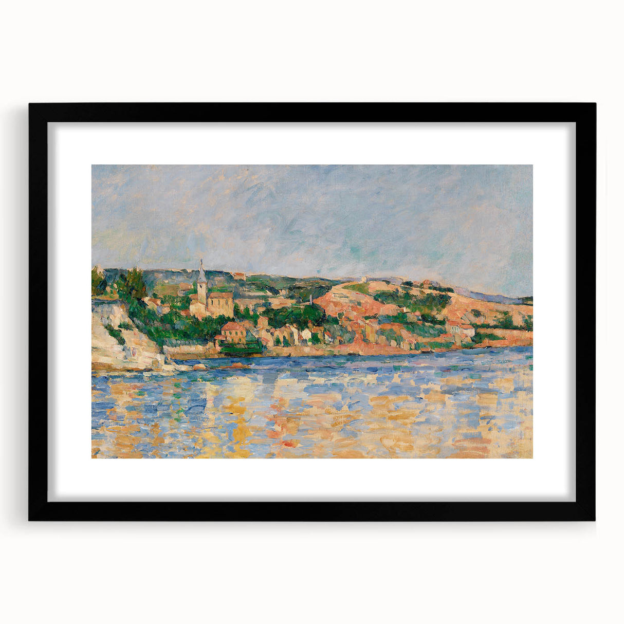 Extra large abstract art print of colorful, textured strokes on black framed canvas, ideal for living room decor.