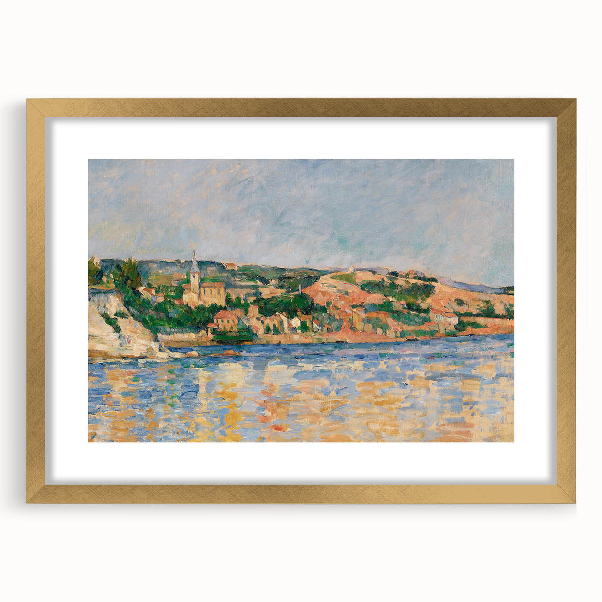 Extra large abstract art print of a textured Paul Cézanne inspired piece, with muted earth tones in a gold frame.