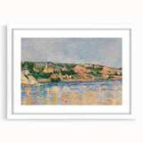 Abstract art print of Paul Cézanne's design in muted earth tones, framed with a white mat, suitable for dining room decor.