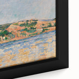 A close-up of a framed canvas featuring a textured, colorful abstract design by Paul Cezanne.