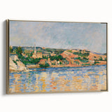 Paul Cézanne landscape painting on a gold-framed canvas, depicting a serene nature scene in muted earth tones.