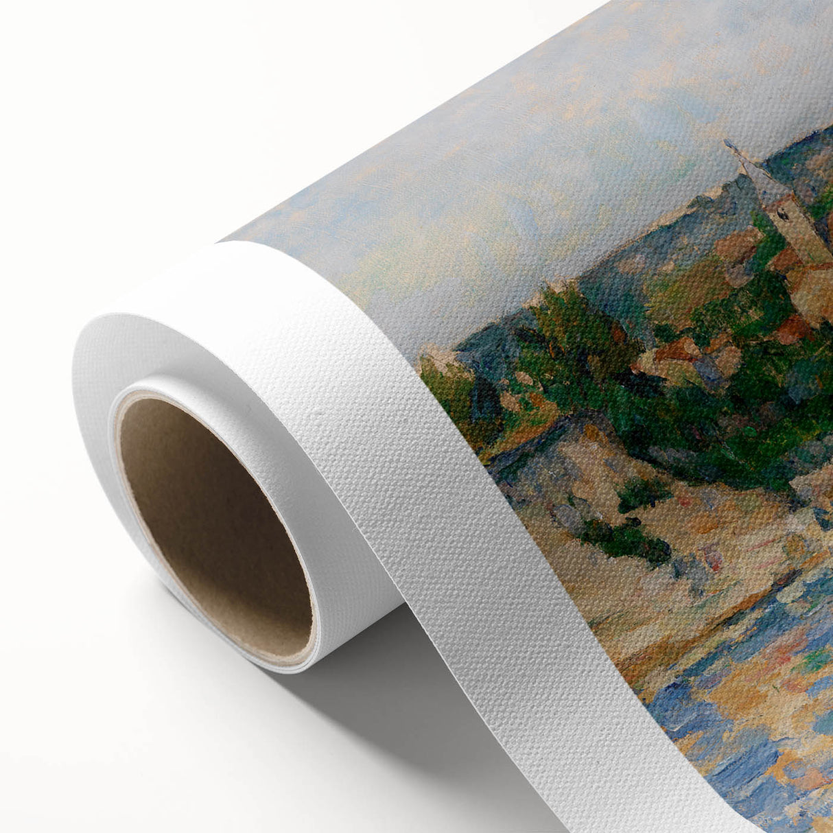 Art Deco style poster featuring Paul Cézanne's artwork on rolled canvas, with muted earth tones.