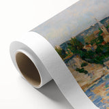 Art Deco style poster featuring Paul Cézanne's artwork on rolled canvas, with muted earth tones.