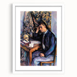 Abstract art print of geometric shapes in muted earth tones, framed with a white mat, ideal for dining room decor.