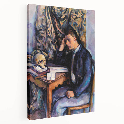 Side view of a stretched canvas featuring Paul Cézanne's impressionist style with muted earth tones.