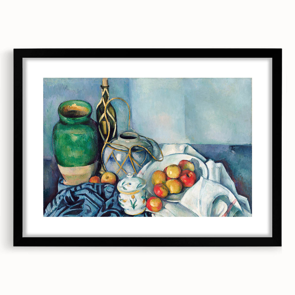 Extra large abstract art print of colorful, textured shapes on a black framed canvas, ideal for living room decor.