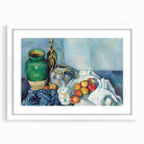Abstract art print of Paul Cezanne's design, featuring earthy green and beige tones on a white framed canvas.