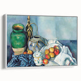 Vintage poster art of a Paul Cézanne painting, featuring colorful fruit on a table, in a large black frame.