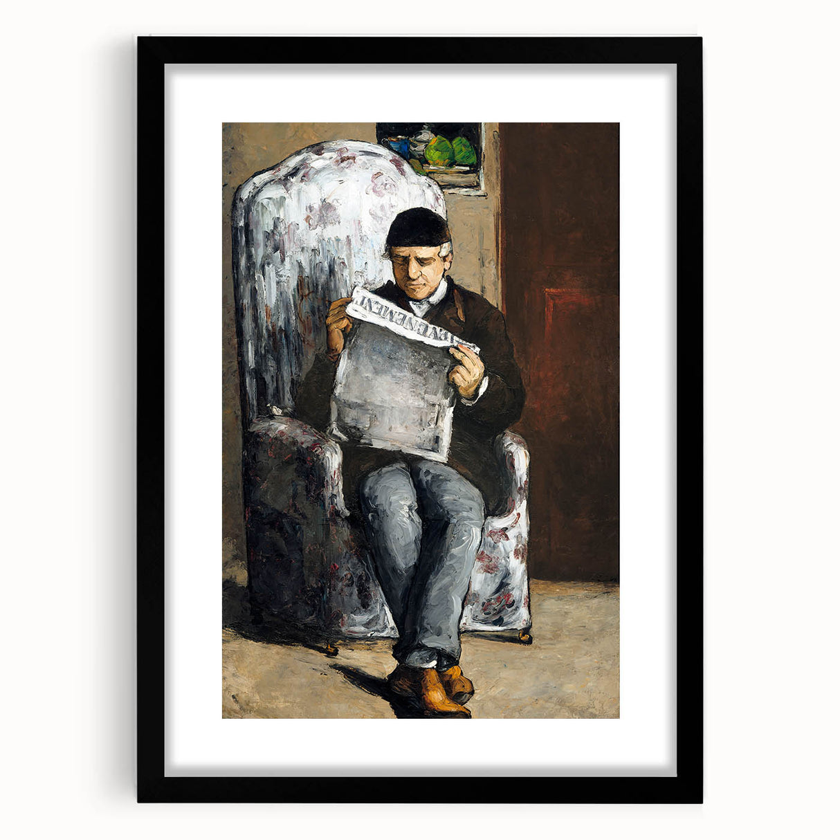 Extra large abstract art print of colorful, textured scene by Paul Cézanne, in a black frame, ideal for living room decor.