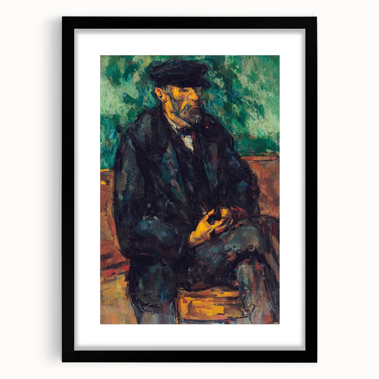 Extra large abstract art print featuring a colorful, textured depiction of a landscape on a black framed canvas.