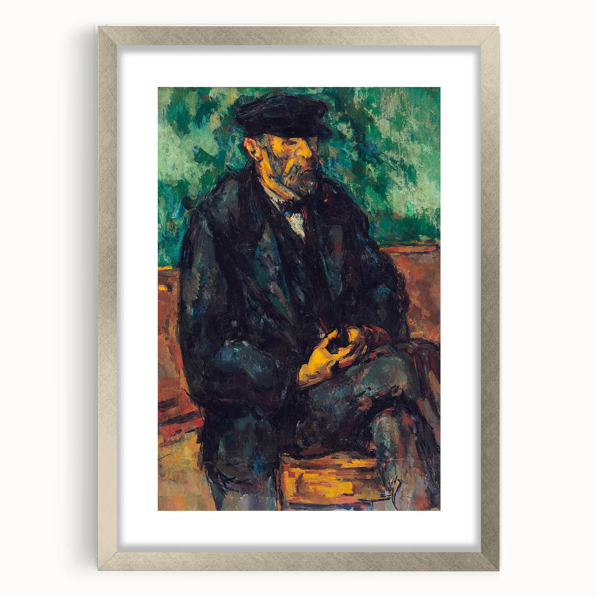 Textured abstract art print of Paul Cézanne's design in a silver frame, featuring earthy tones, ideal for bedroom art.