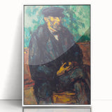 Acrylic print of a Paul Cézanne landscape in muted green and blue tones, framed in white, suitable for modern art wall decor.