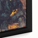 Close-up of a textured, extra-large framed canvas featuring a colorful abstract design, ideal for living room decor.