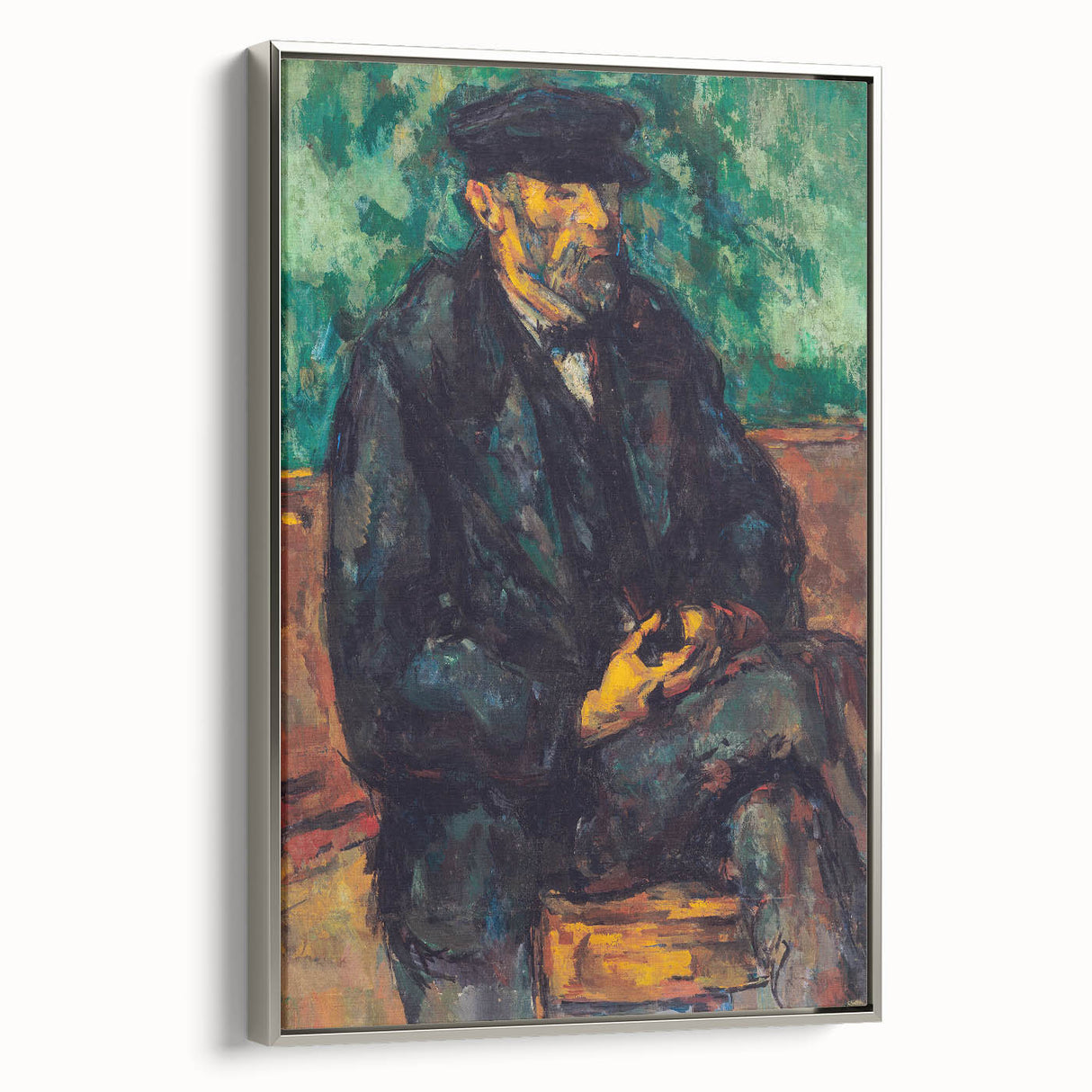 Framed canvas featuring a landscape art painting by Paul Cézanne with colorful foliage and black accents.