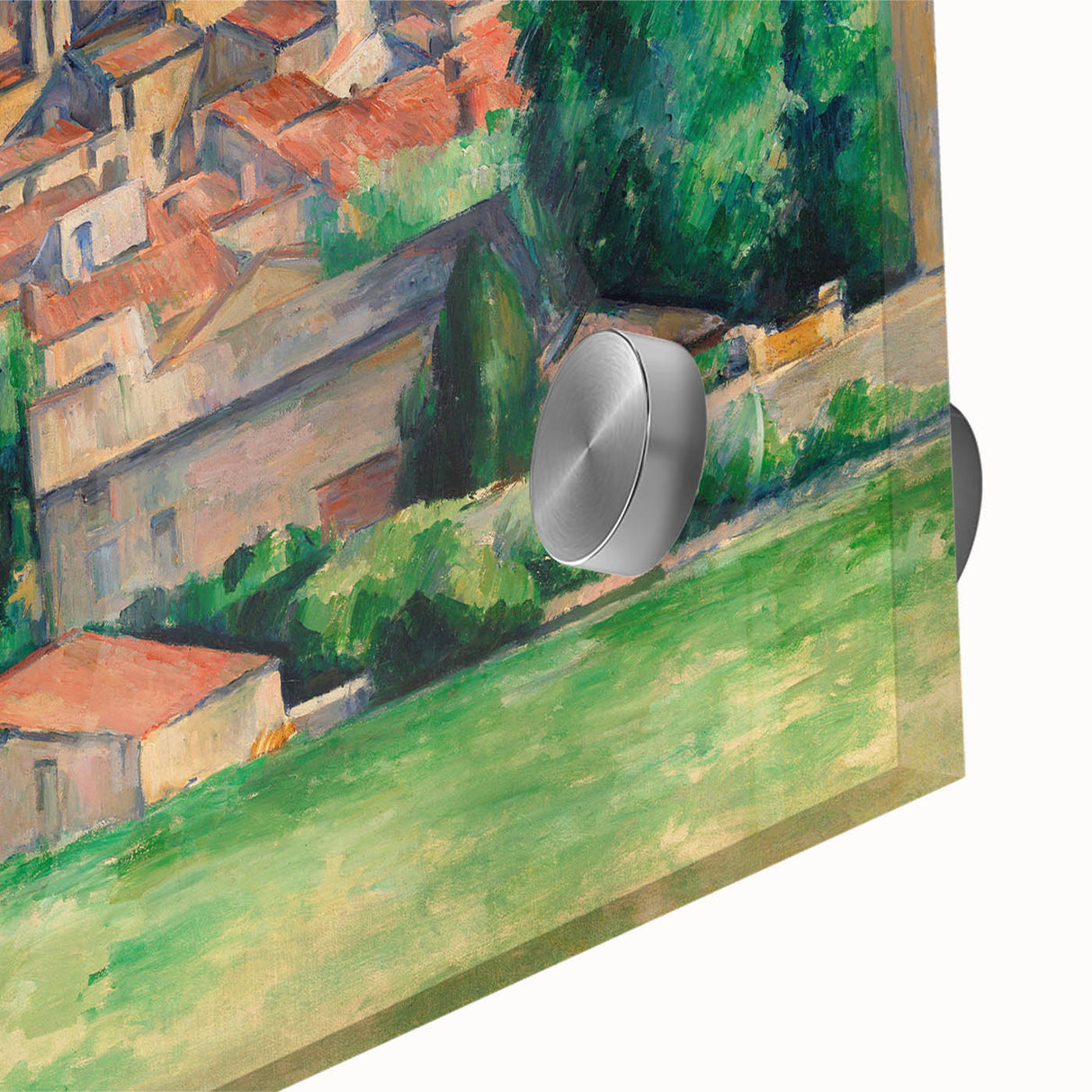 Close-up of a large abstract wall art by Paul Cezanne in vibrant shades, acrylic glass, ideal for dining room ambiance.