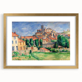 Extra large wall art for living room featuring an abstract print of Paul Cézanne's work in textured gold frame.