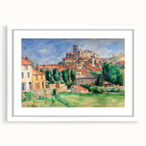 Abstract art print of a Paul Cézanne design in muted hues, framed with a white mat, ideal for dining room decor.