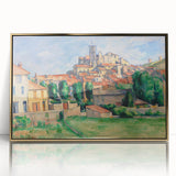 Large art print of a Paul Cézanne landscape in a gold frame, featuring mid-century modernist style.