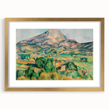 Extra large wall art of an abstract Paul Cezanne design in muted earth tones on a textured canvas, framed in gold.