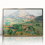 Large art print of a Paul Cézanne landscape painting in a gold frame, featuring mid-century modernist style.
