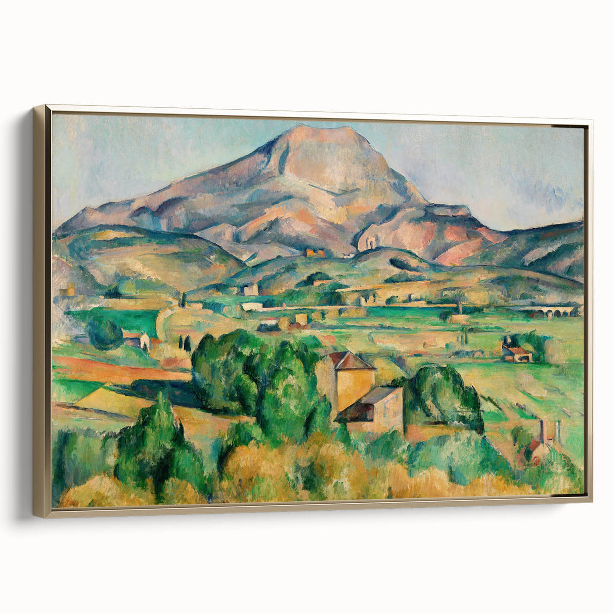 Framed canvas of Paul Cézanne's landscape painting in muted earth tones, ideal for bedroom wall art.
