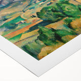 Art deco poster of a Paul Cézanne landscape, featuring muted earth tones on rolled canvas, suitable for dining room walls.