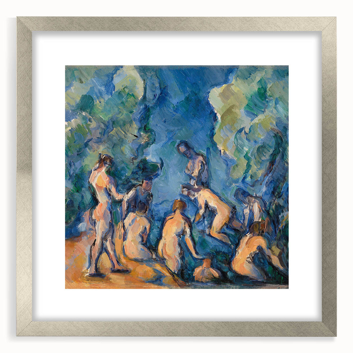 Textured art print of abstract shapes in earth tones, framed in silver, ideal for bedroom decor.
