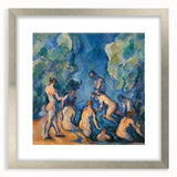 Textured art print of abstract shapes in earth tones, framed in silver, ideal for bedroom decor.