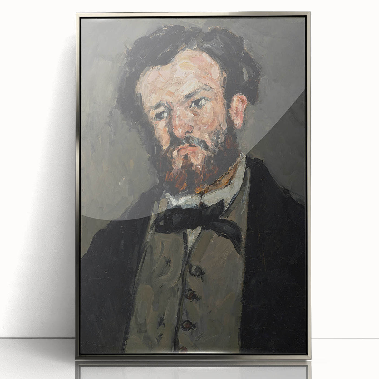 Mid-century modernist art featuring a Paul Cézanne landscape in muted earth tones, acrylic print in silver frame.