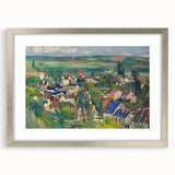 Textured art print of abstract shapes in earthy tones on a silver-framed canvas, suited for bedroom decor.