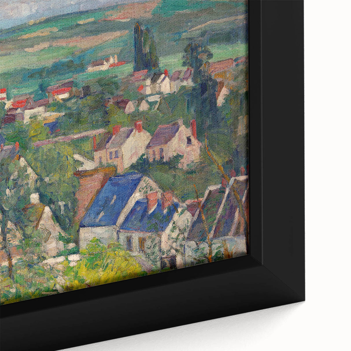Close-up of a framed canvas featuring a textured, colorful abstract design on black, ideal for living room decor.