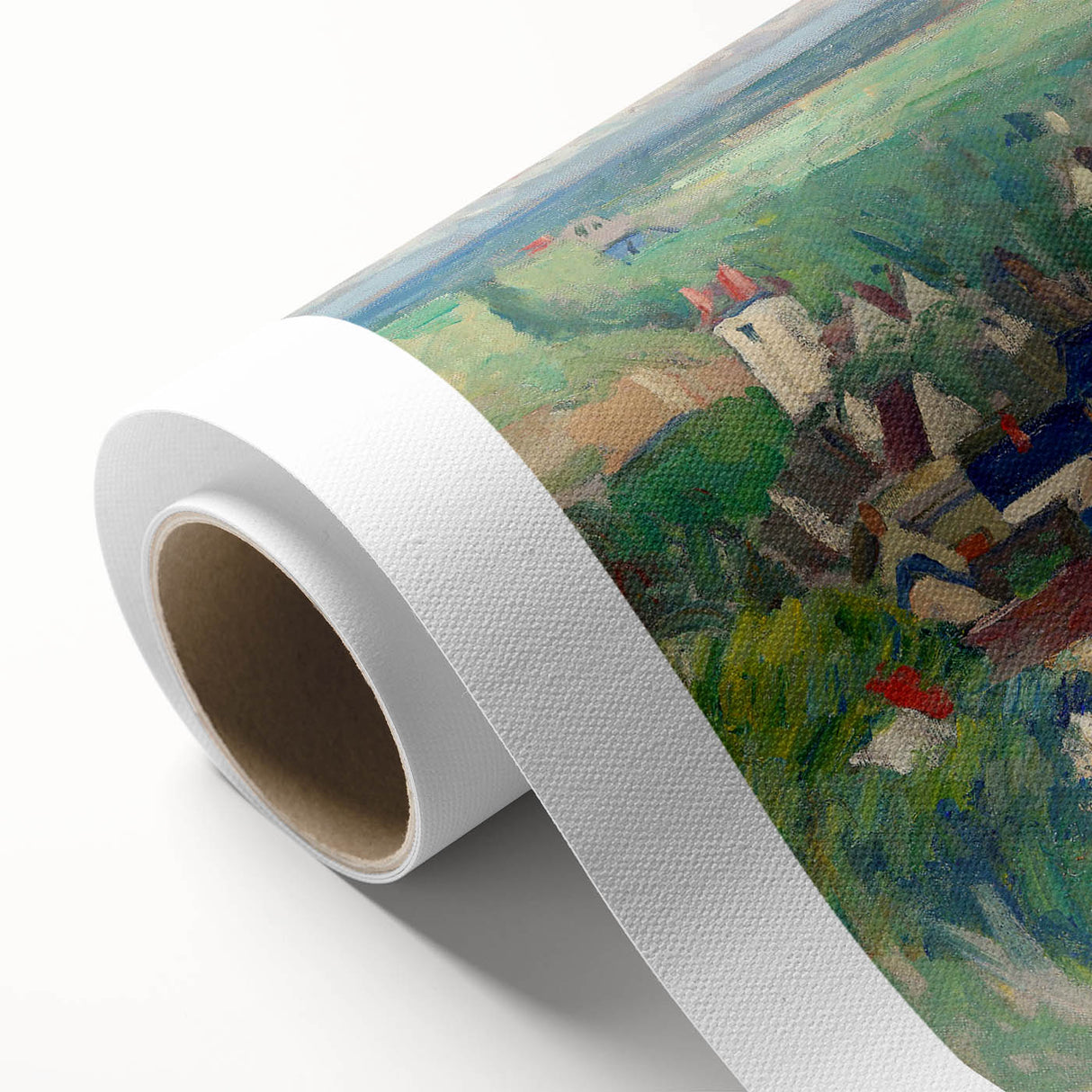 Art deco poster of Paul Cézanne's landscape on rolled canvas, featuring muted earth tones.